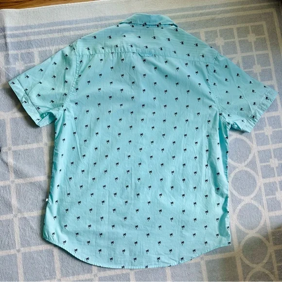 Denim & Flower Ricky Singh Mens Palm Tree Teal Collared Shirt Sz L slim fit NWOT - Picture 3 of 11